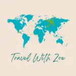 Travel With Zoe logo, map of the world and a plane flying across